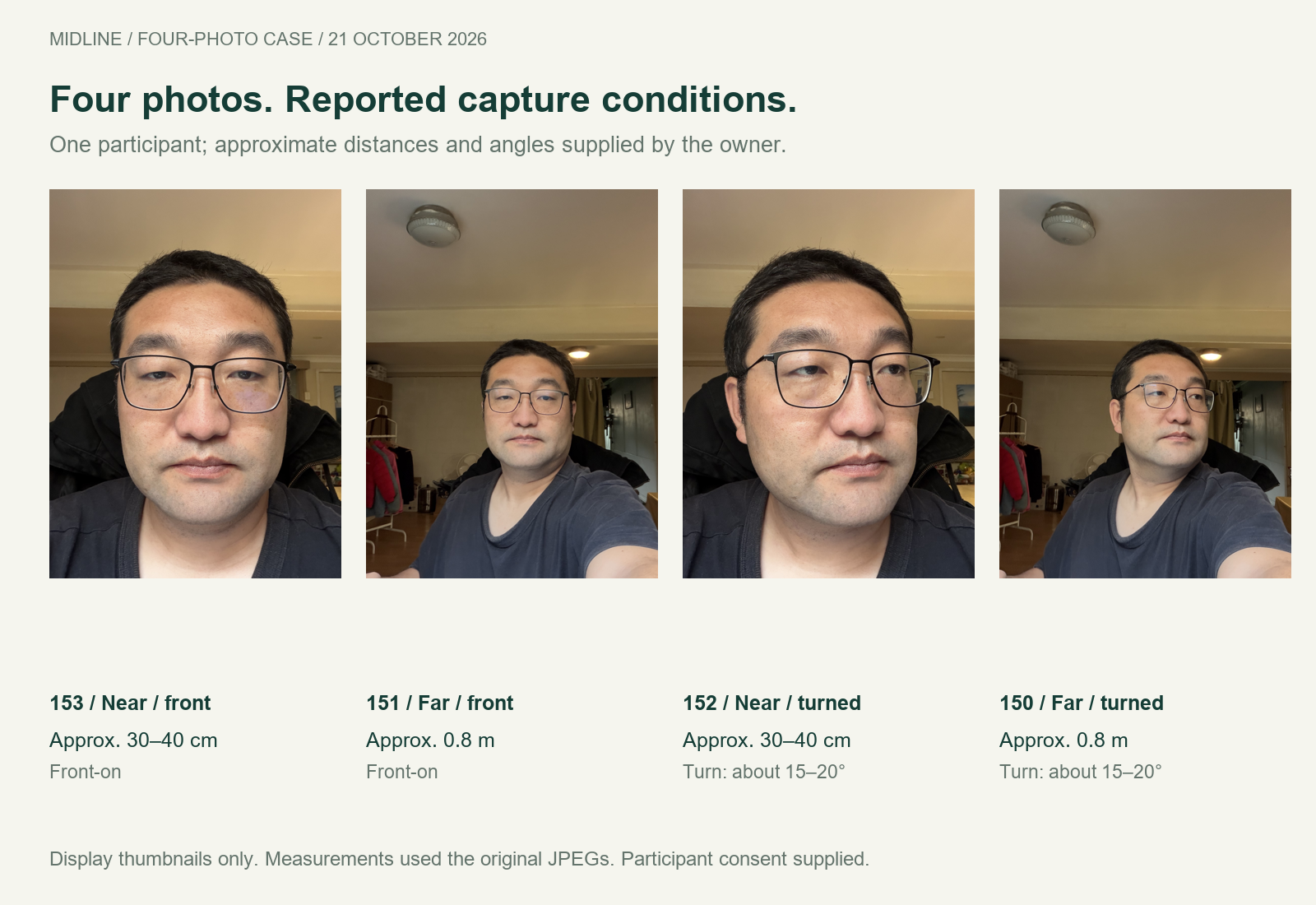 Four consented capture examples: near front, far front, near turned and far turned