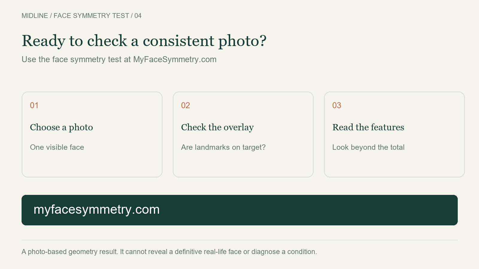 Try the face symmetry test: choose a photo, check the landmark overlay and read feature scores