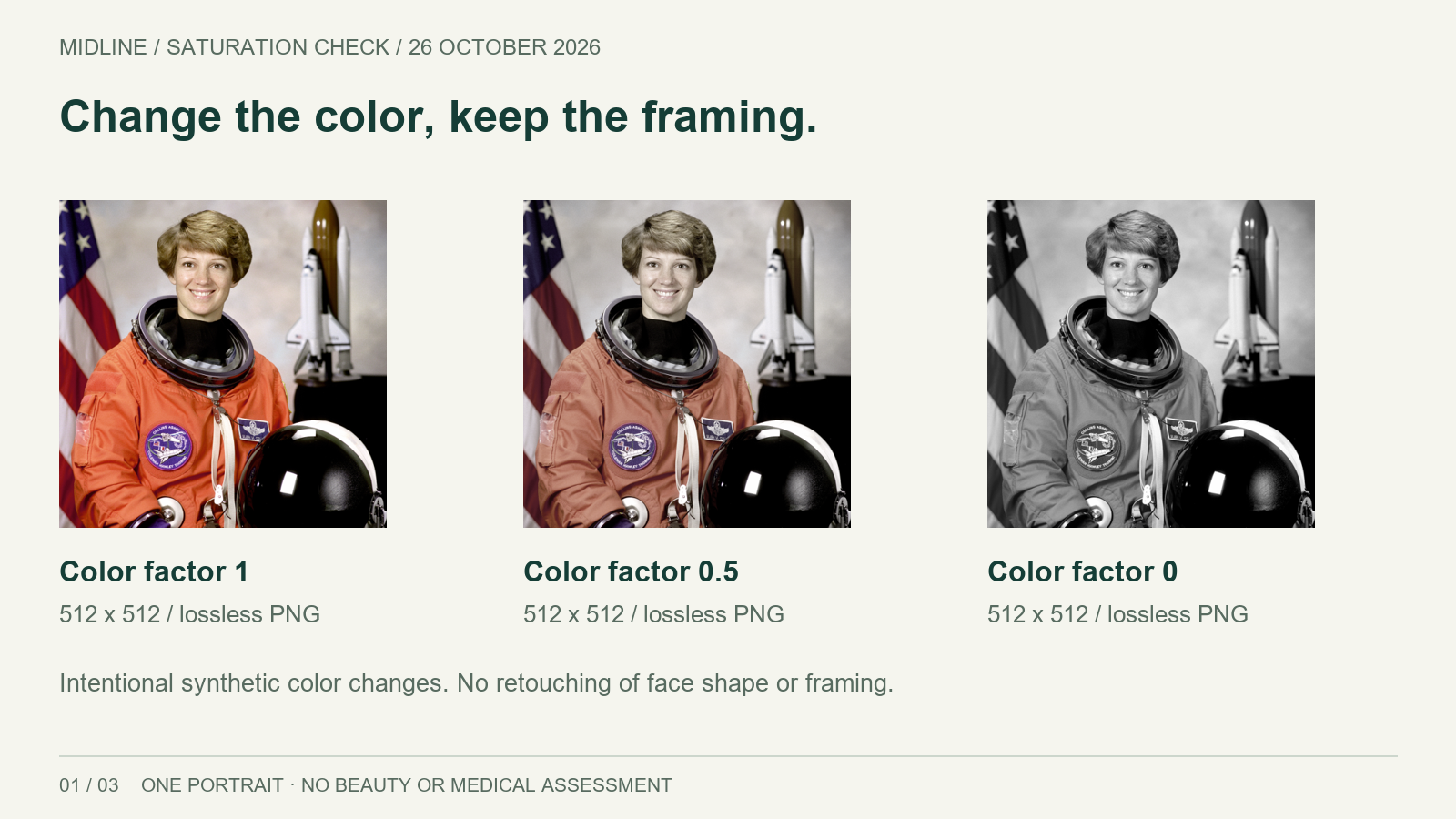 Original color, reduced saturation and grayscale inputs; identical size and framing.